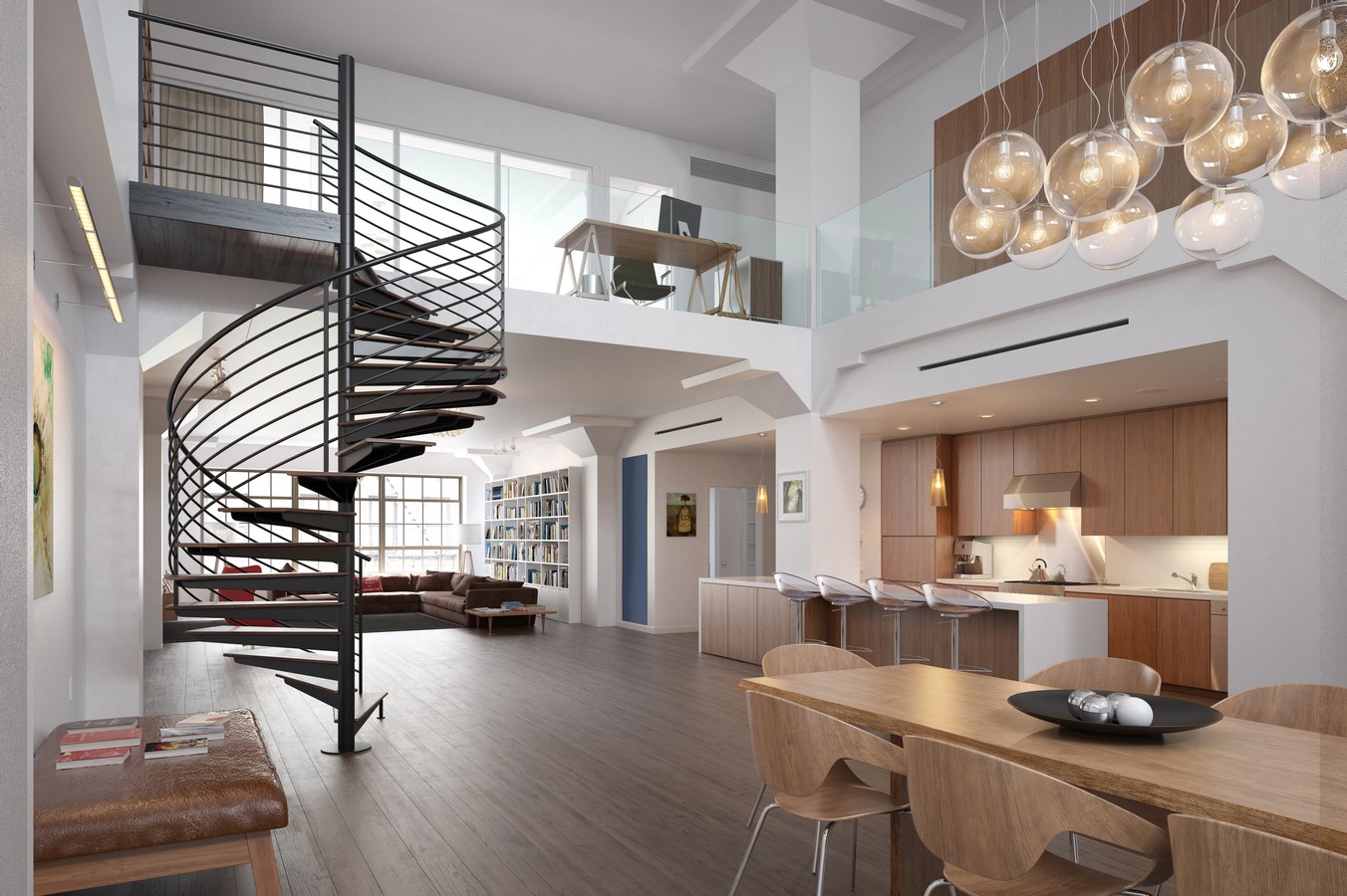 Black spiral staircase in open-plan Kelvin Grove loft