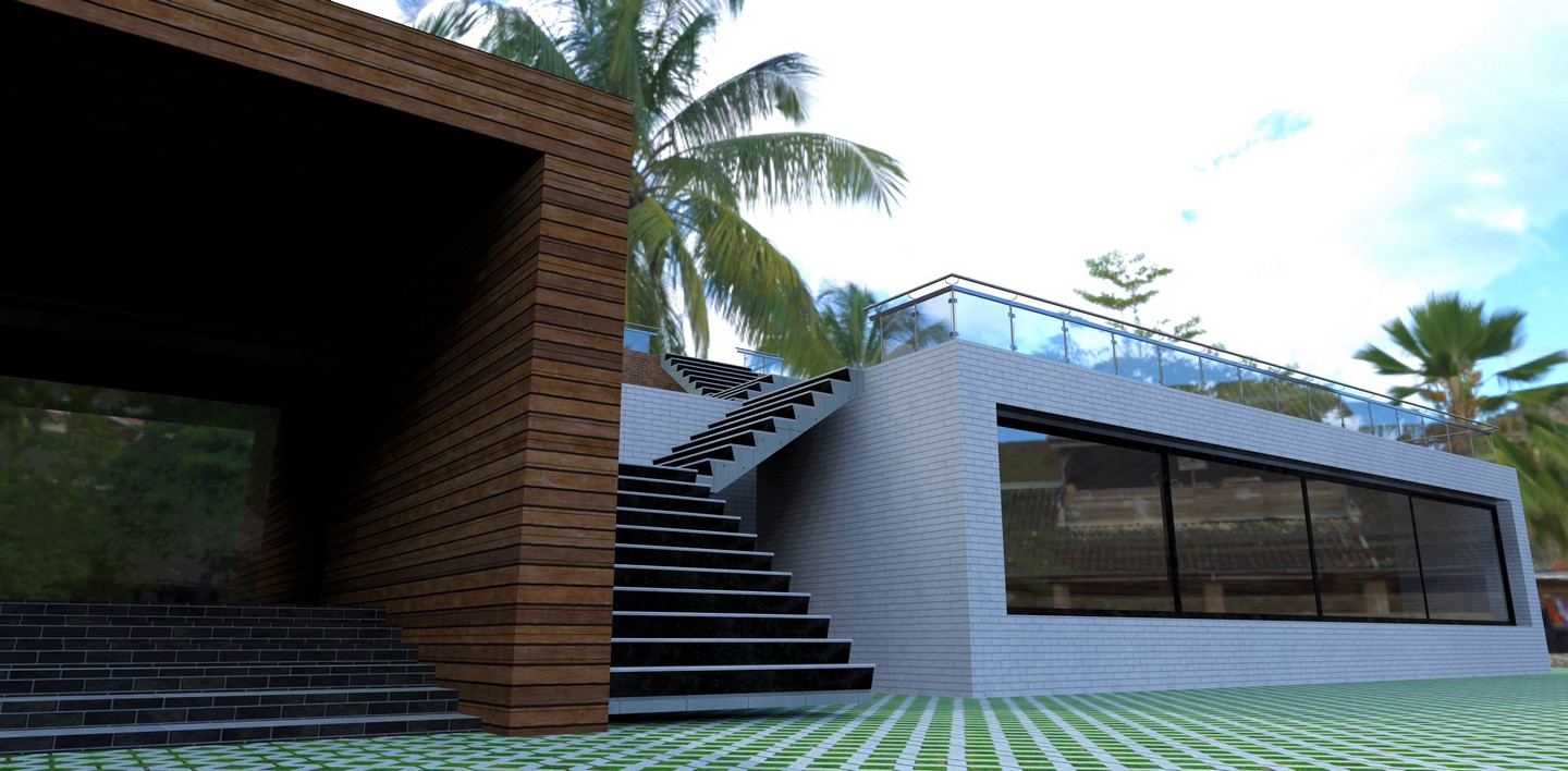 Modern exterior stairs with glass balustrade at Coolum Beach property