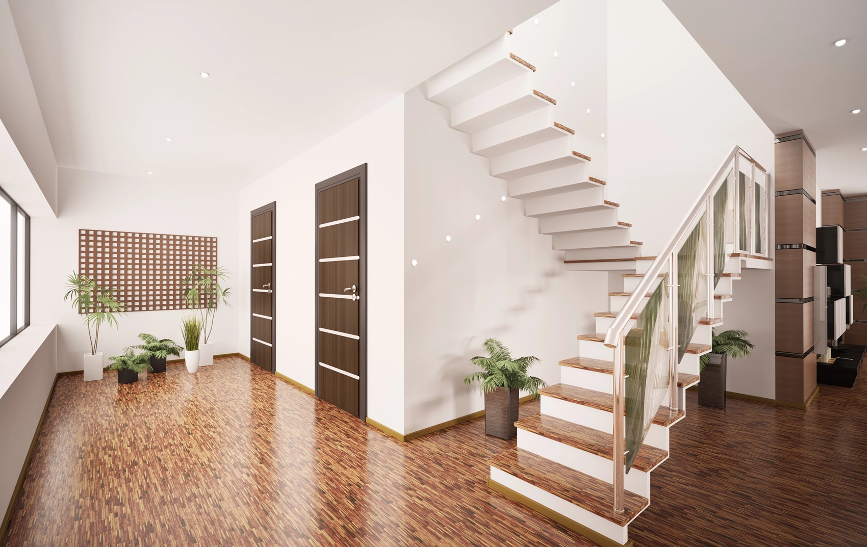 Modern U-shaped staircase with glass balustrade in Deception Bay home interior