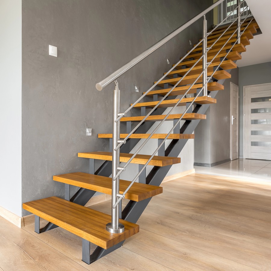Open-tread steel stringer staircase with timber treads in Zillmere home