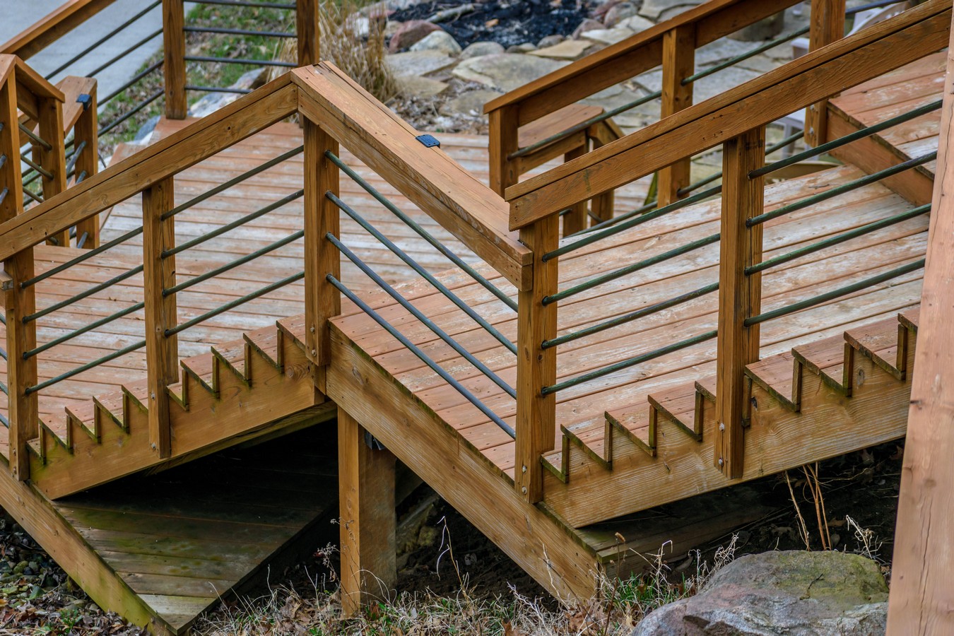 Timber deck stairs with wire balustrade near Sandstone Point waterfront property