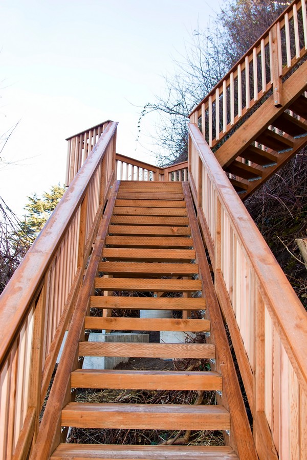 Timber open-tread outdoor stairs at Cooyar rural property