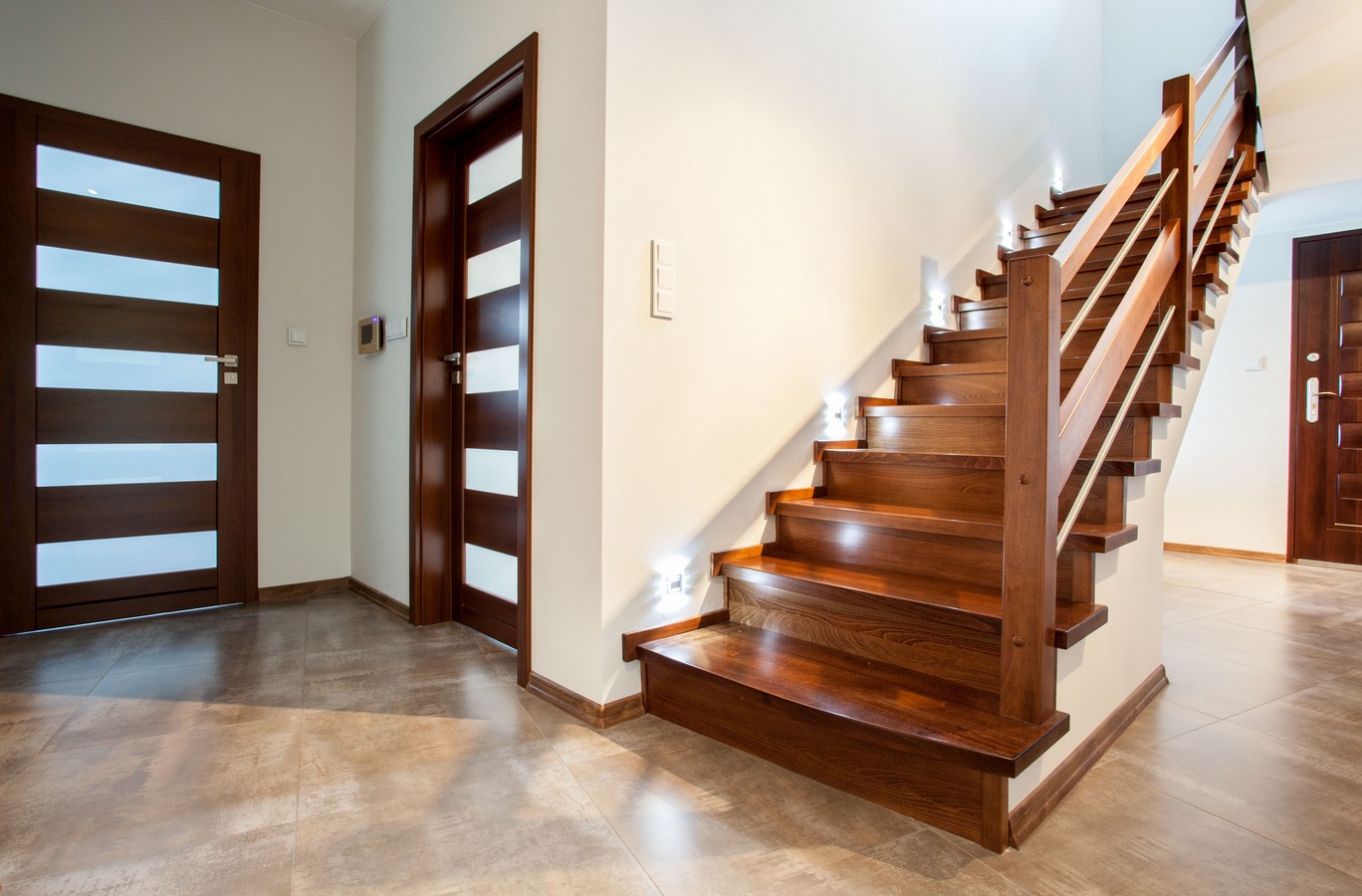Traditional dark hardwood staircase with LED lighting in Maleny hinterland home